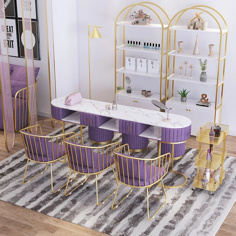 wholesale luxury green purple pink fabric gold metal legs beauty nail salon supplies equipment furniture table and chairs sets