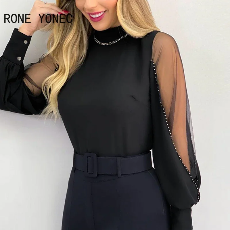 Women Chic Solid Chiffon&Mesh Long Sleeves with Rhinestone Basics Blouse Working Tops