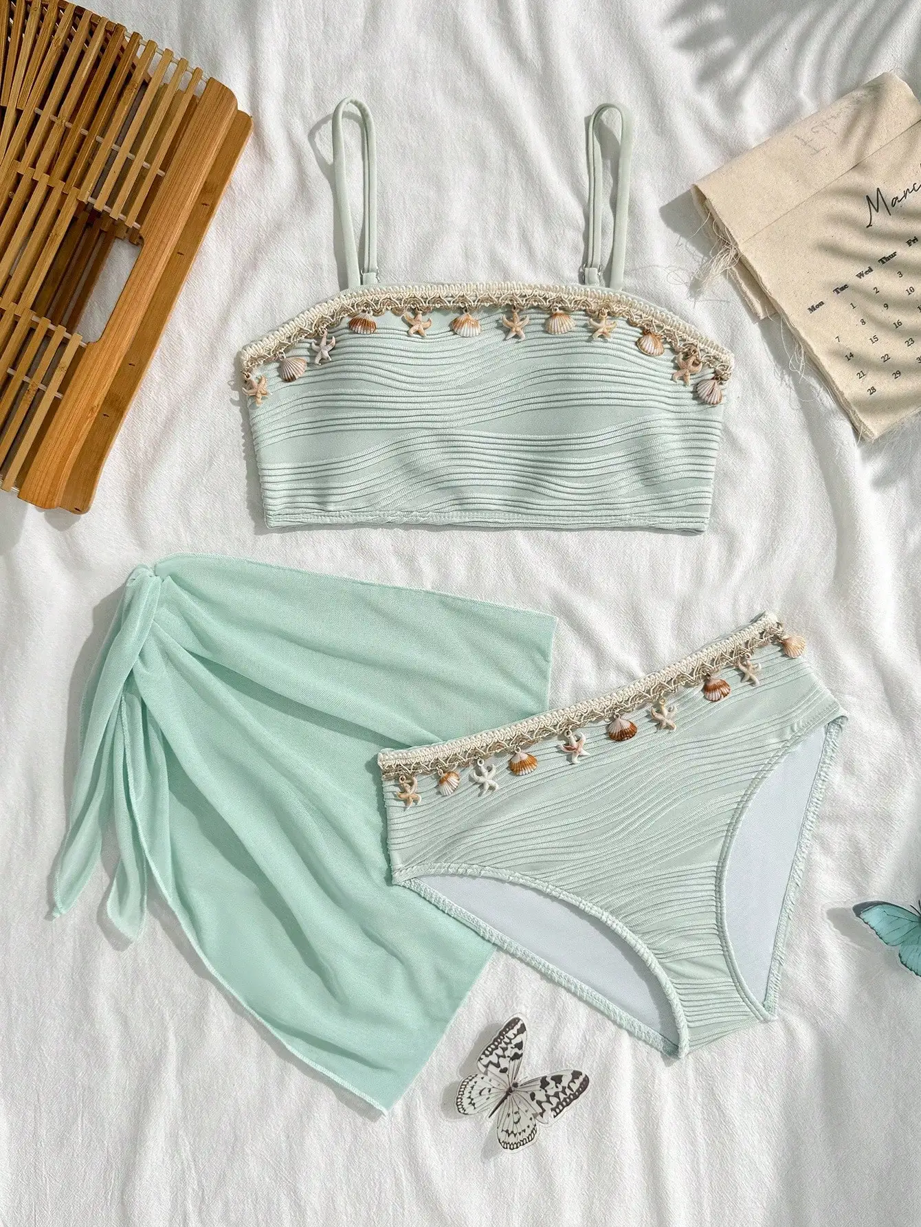 

Mint Green Ribbed Two-Piece Swimsuit Featuring Seashell And Starfish Trim For Girls Summer Beach Wear