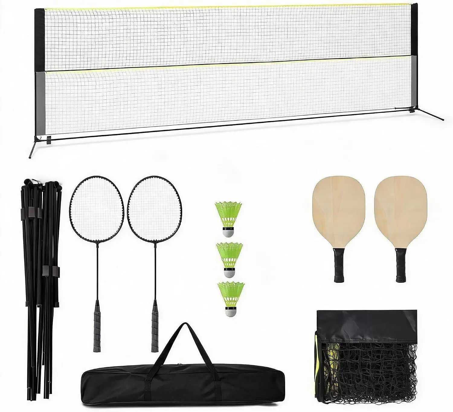 Tacleekii Badminton Net 16.8ft, Portable Set with 4 Rackets, Height Adjustable 3.5-5ft,16.8ft Court,4 Players,4 Sports In One Net,Kit + Carry Bag Included,Tool-Free Setup