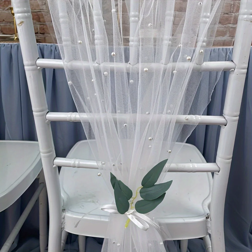 2pcs Pearl Tulle White Chair Sashes 75x200cm Long Aisle Wedding Chair Back Side Decorations Sheer Church Tulle Chair Drapes Bulk