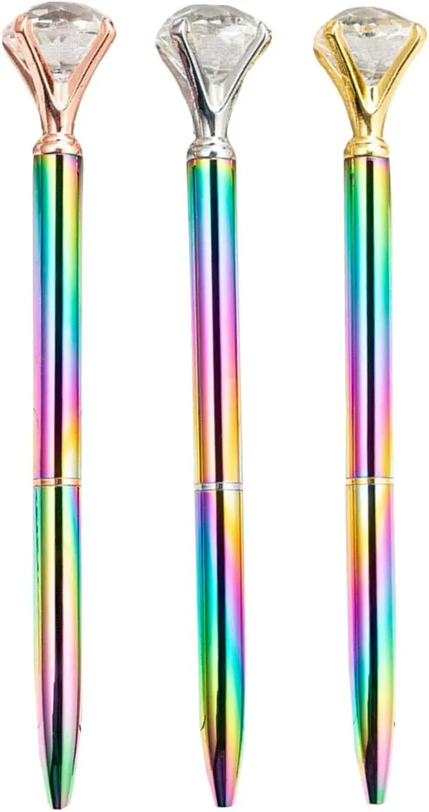 3 Pcs Ballpoint Pen Big Diamond Crystal Rainbow Metal Pens Black Ink Ballpoint Pen,Office Supplies,1.0 mm