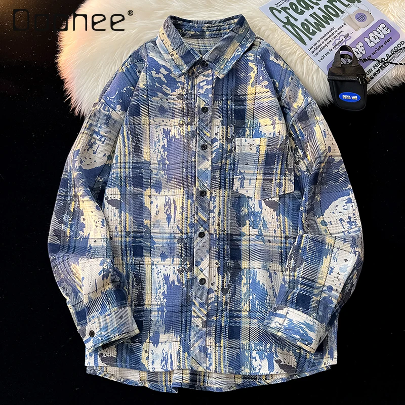 2025 Spring and Autumn Men's Green Plaid Shirt American Retro Style Purple Blue Tie-Dye Casual Long Sleeve Shirt