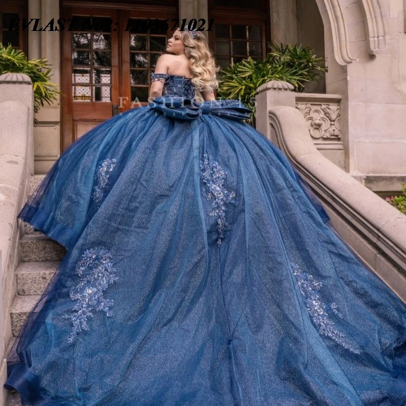 

EVLAST Customized Mexican Navy Blue Qinceanera Dress Ball Gown Floral Applique Beading Bow Sweet 16 Vestidos 15 Anos E2QA311