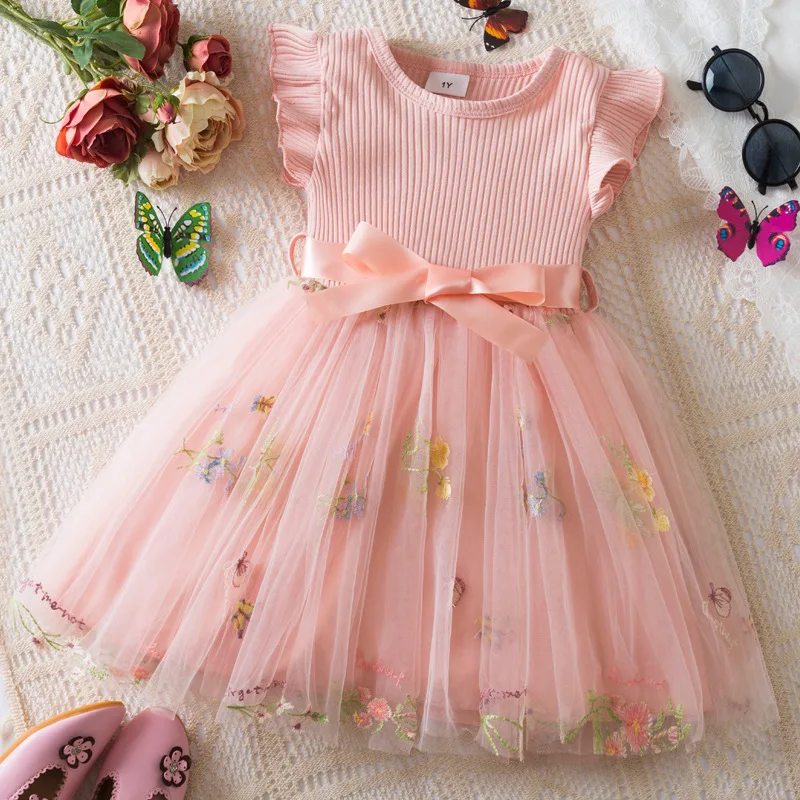 Girls' Korean Style Dress 2026 S/S New Arrival Flutter Sleeve Floral Embroidered Tulle Princess Gown for Birthday Party