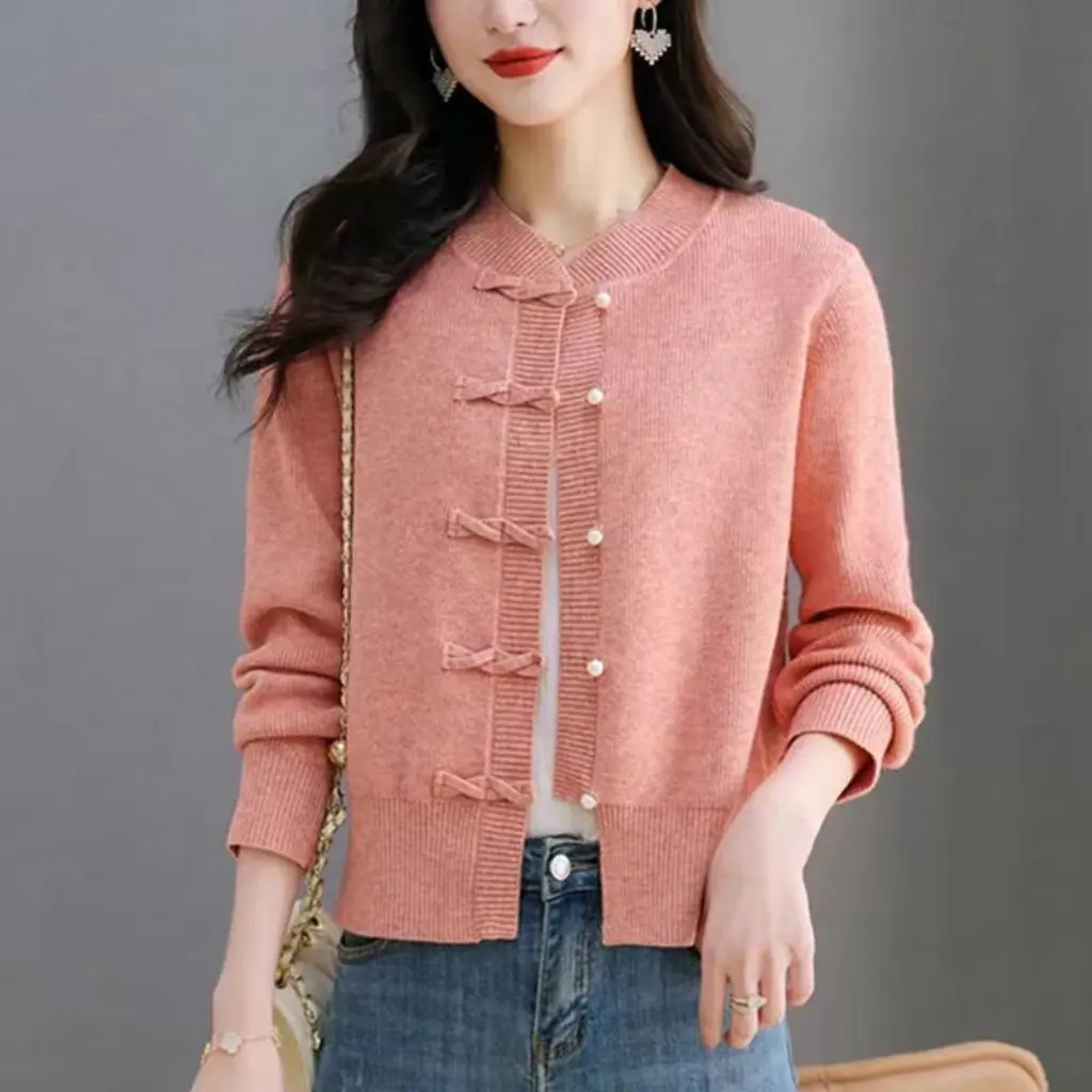 Cardigan lavorato a maglia tinta unita da donna maglione corto leggero con fibbia stile nazionale abbigliamento esterno autunnale nuovo arrivo