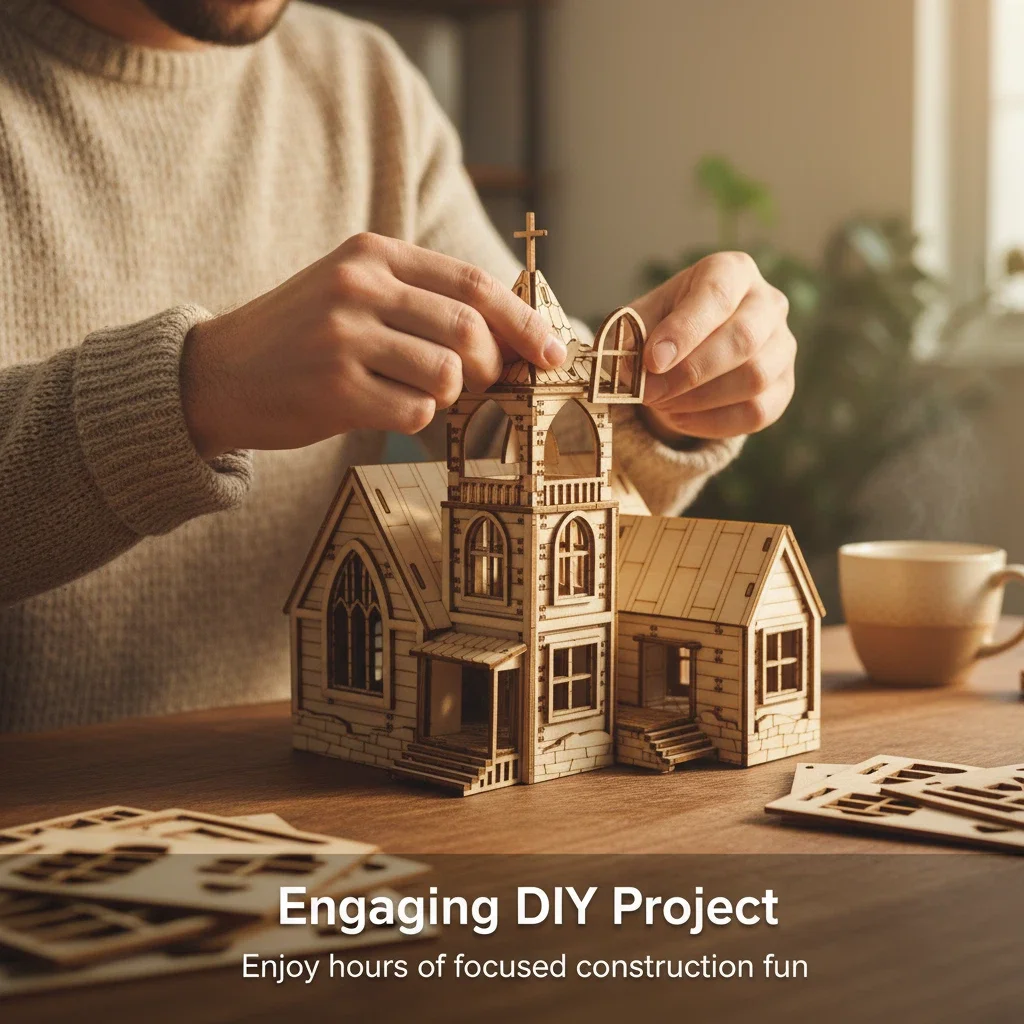 ชุด DIY ไม้ 3 มิติ “หมู่บ้านชนบท” ของ OUZEY, โมเดลบ้านจิ๋วและโบสถ์, ของตกแต่งโต๊ะสำหรับทุกเพศทุกวัย