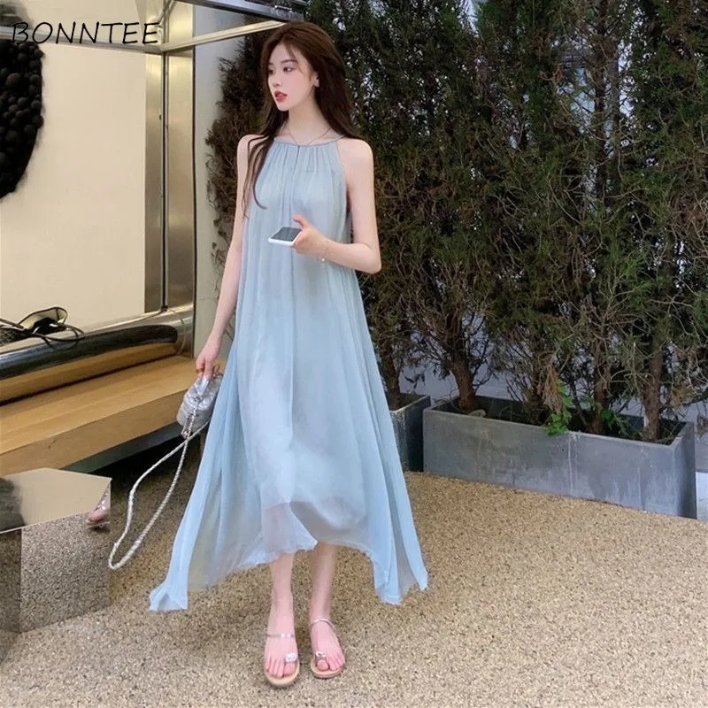 

Dresses Women Halterneck Princess Pure Chic Irregular Korean Fashion Loose Fit Cozy Summer Sleeveless Vestidos Holiday Leisure