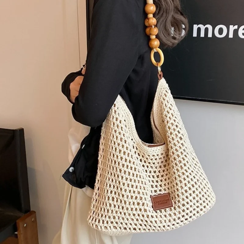 

Beach Vacation Beach Woven Bag Summer Hollowed Out Handbag Large Capacity Clutch Purse Solid Color Shopping Vacation Travel Bag