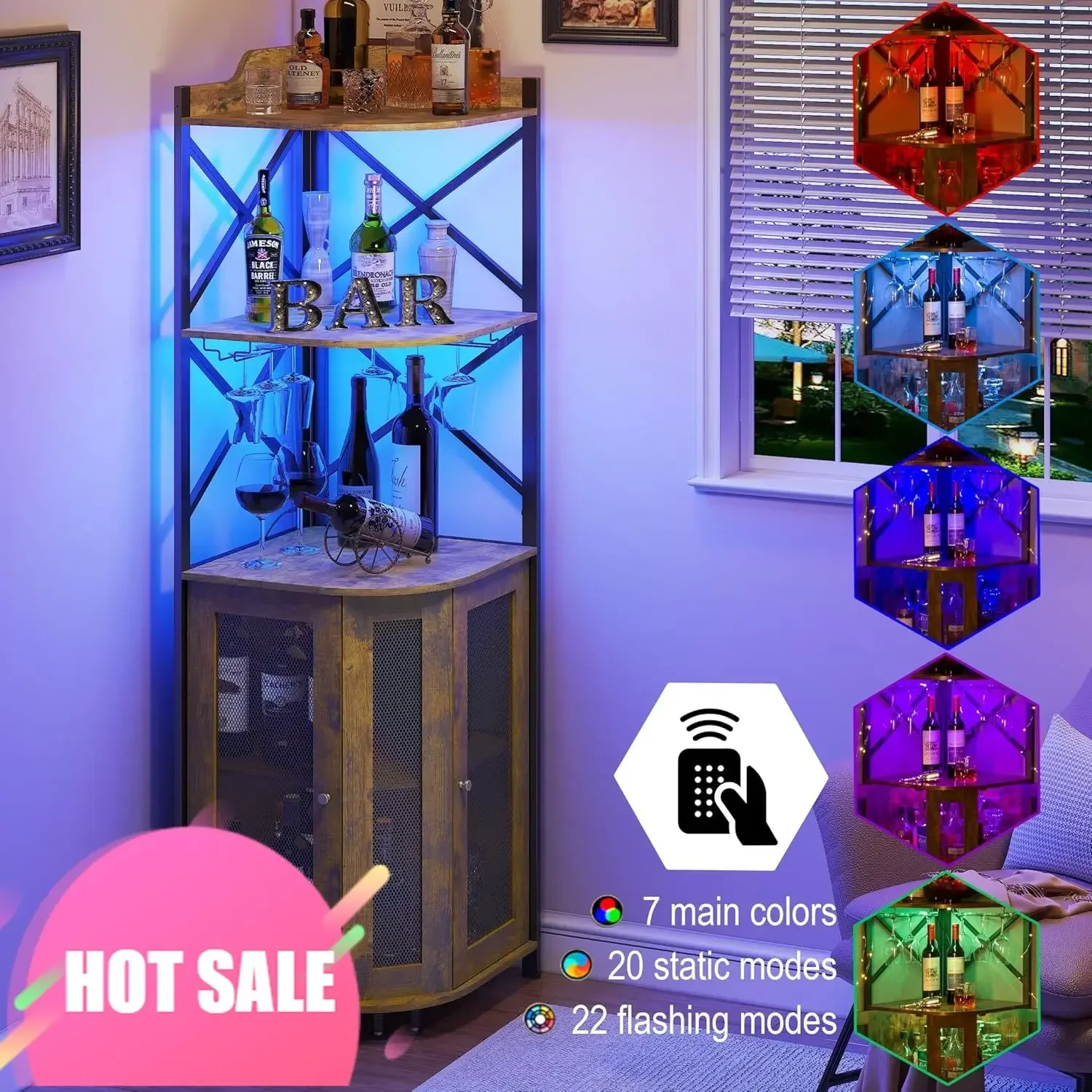 

Hot salesExclusive Offer Corner Bar Cabinet with LED Lights, 5-Tier Industrial Wine Bar Cabinet with Glass Holder, Farmhouse Liq