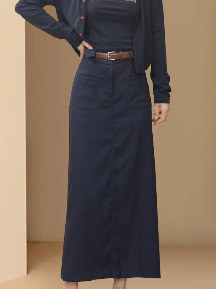 Slimming Blue Straight Midi Skirt High Waist A-Line Korean Style for Pear Shaped Body Spring Autumn New Arrival Yood Lovees