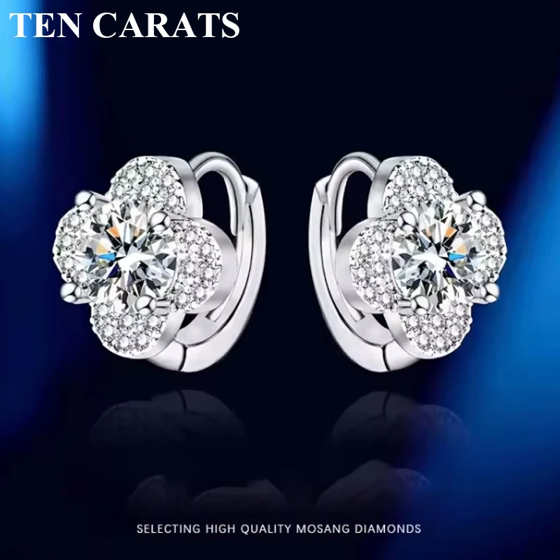 

TEN CARATS 925 Sterling Silver Moissanite Flower Earrings for Women Luxury Round CZ Studs Elegant Wedding Party Jewelry Gift