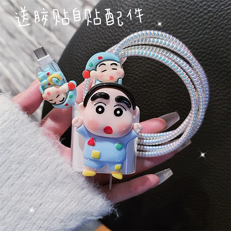 4pcs/set Crayon Shin-chan Data Cable Protective Case 20W for Iphone 15 14 Kawaii Cartoon Anti-fracture Charger Protective Case