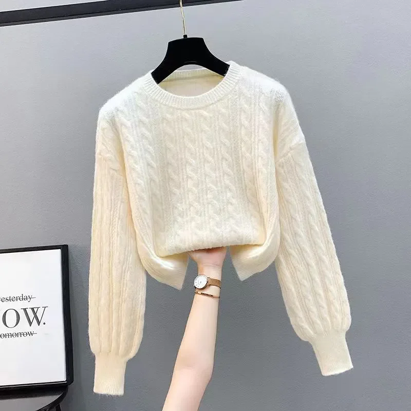 O-Neck Twistsเสื้อกันหนาว2024ฤดูใบไม้ผลิใหม่ฤดูใบไม้ร่วงWesternized Thickenเสื้อกันหนาวและเสื้อกันหนาวแขนยาวหลวมBottomedเสื้อถักเสื้อ