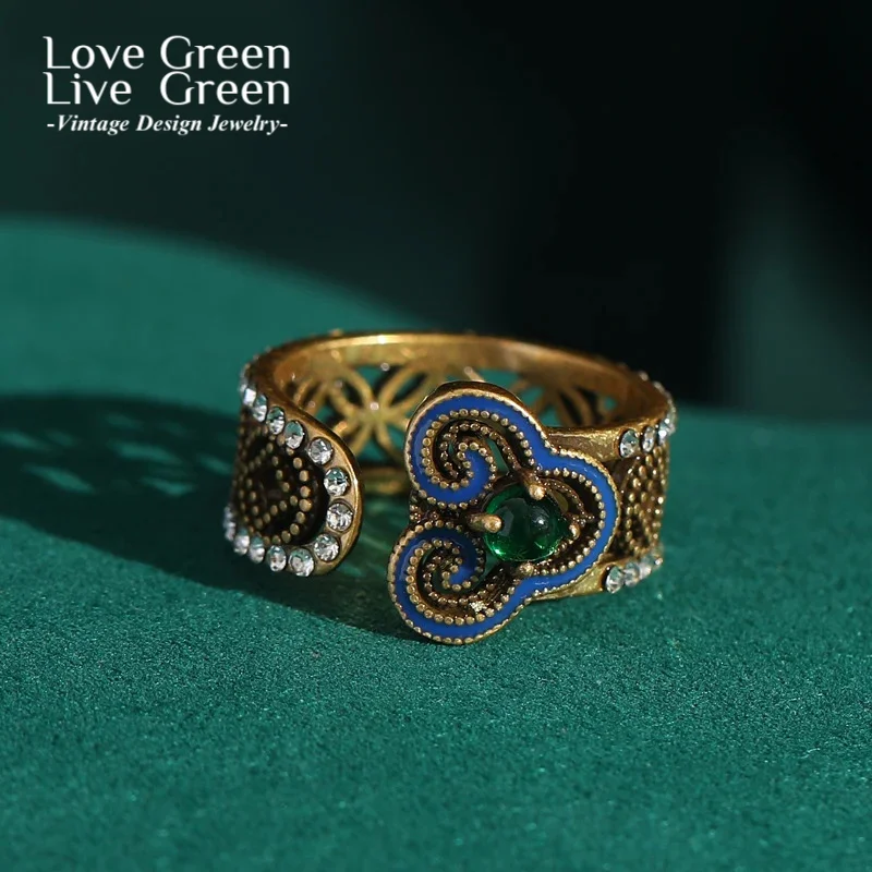 

Vintage Jewelry Boho Blue Ring Engagement Gold Color Rhinestones For Woman Ancient Copper Patterns Open Retro Style Accessories
