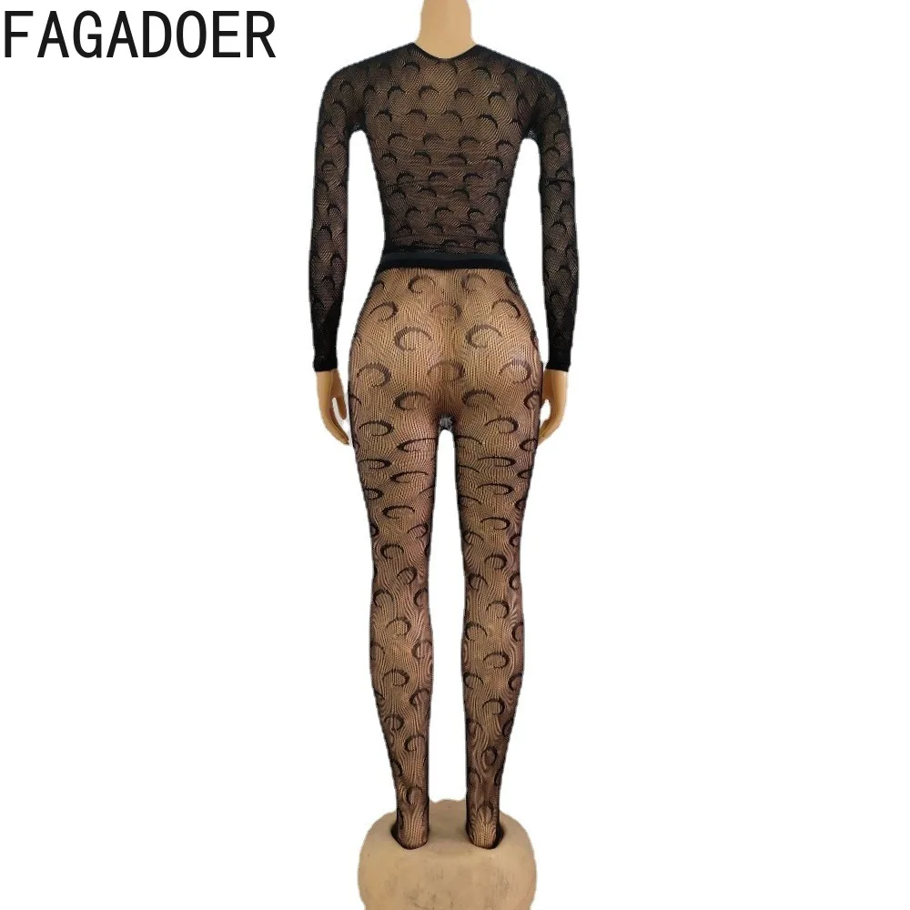 FAGADORE Sexy Mesh Perspective Printing Bodycon Nightclub Two Piece Sets Women Round Neck Long Sleeve Top + Skinny Pants Outfits