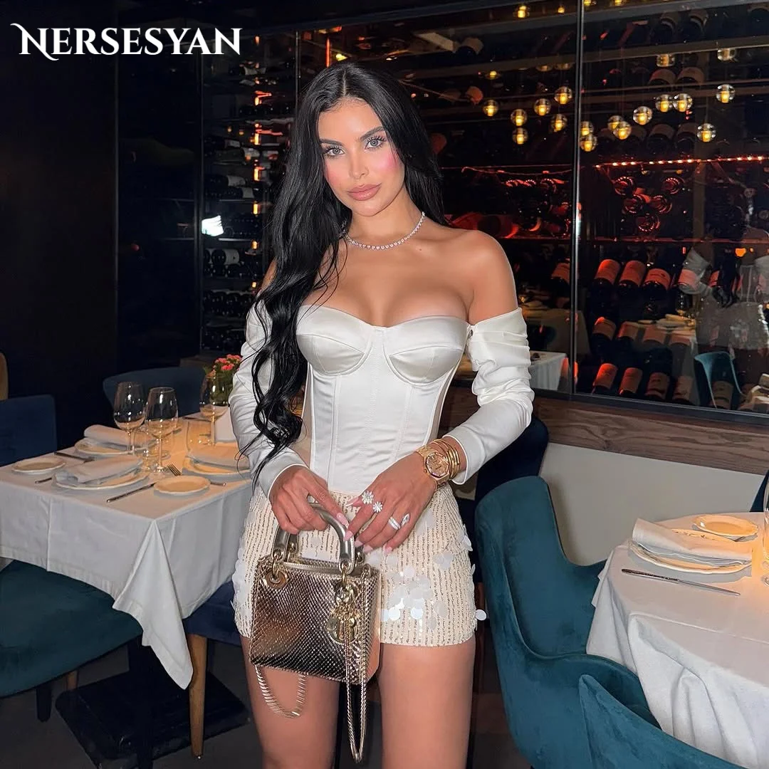 

Nersesyan Sexy Glitter Prom Dresses Off Shoulder Sequins Mini Dress Sparkly Cocktail Party Gowns vestidos de fiesta Customized