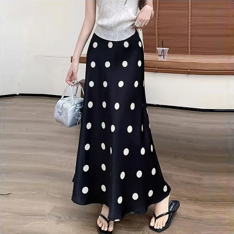 Satin Skirts Women Spring Summer Polka Dot Korean Fashion Faldas Mujer Elegant Sweet A-line Retro Long Skirt