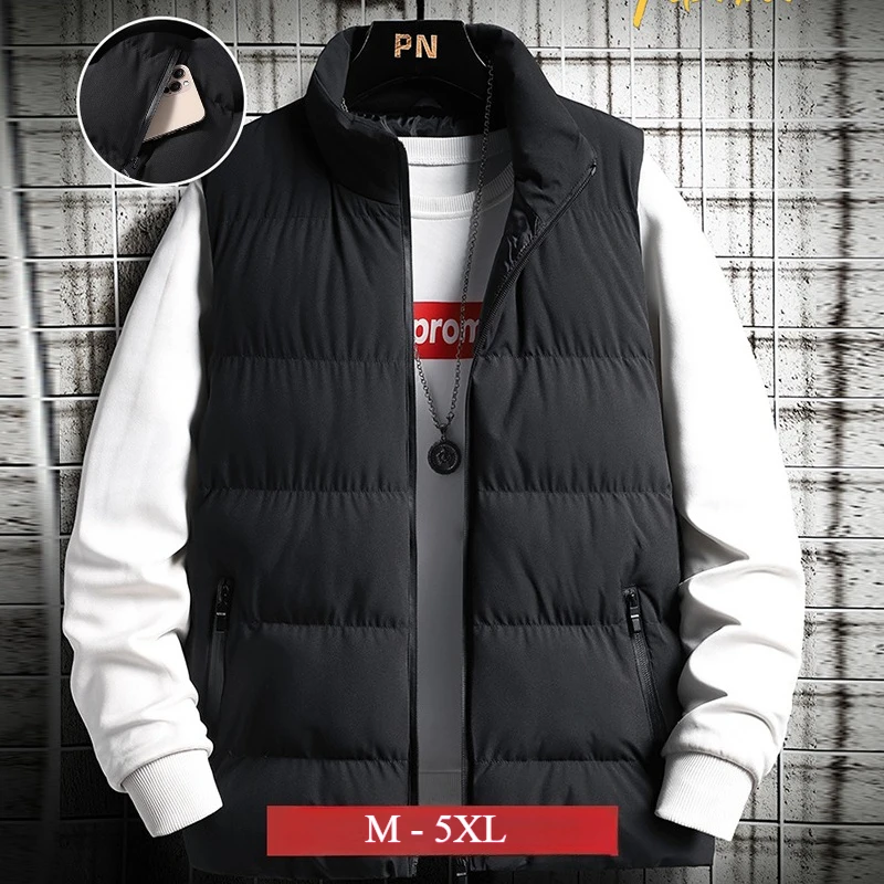 

New Men's Padded Vest Jacket Warm Sleeveless Jackets Winter Windproof Zipper Coat Autumn Stand-up Collar Casual Solid Waistcoat