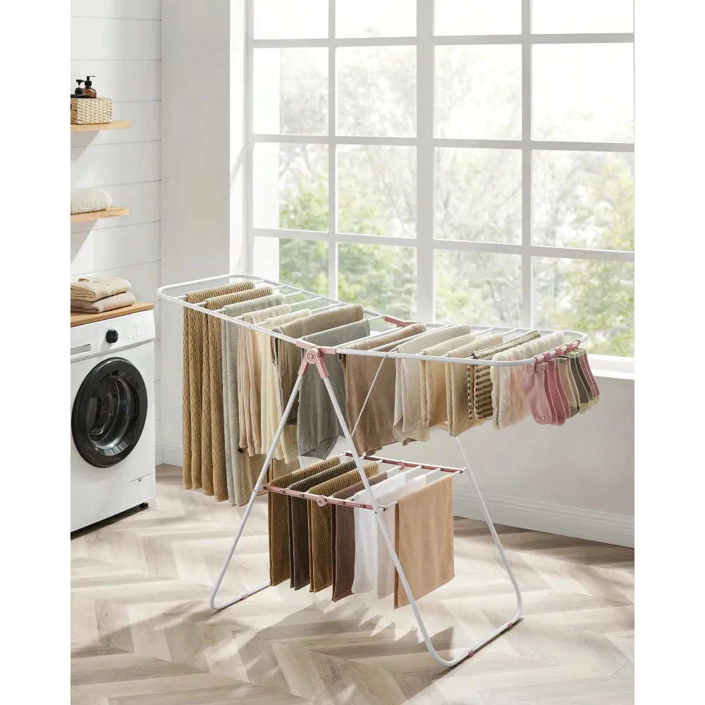 

Складная розовая металлическая сушилка для белья, регулируемая по высоте, с зажимами-«крыльями» и клипсами для носков, компактная напольная сушилка для белья