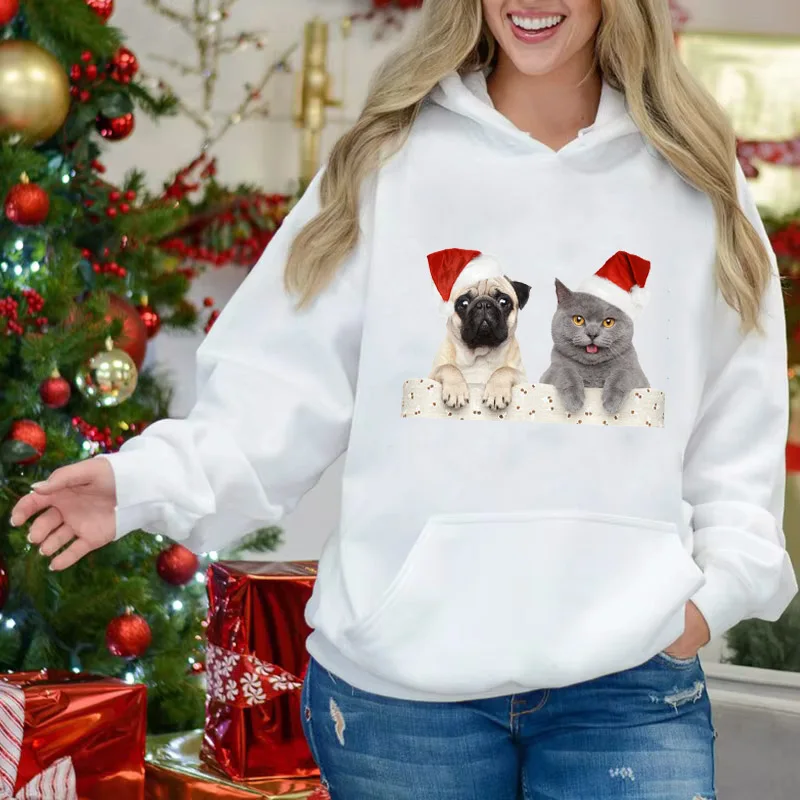 Funny Christmas Cat Dog Printed Hoodie Street Sports Unisex Sweatshirt Comfortable Couple Hoodie