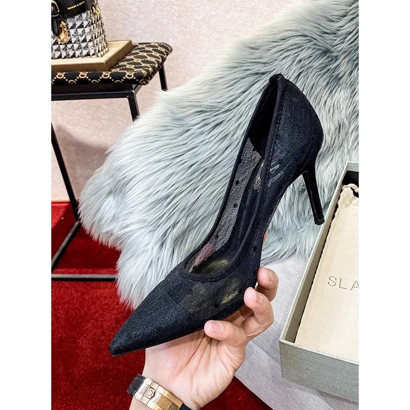 

Женские весенне-летние туфли на высоком каблуке, новый стиль, кружевные черные сексуальные сетчатые туфли на одинарной платформе, универсальные туфли на тонком каблуке с острым носком