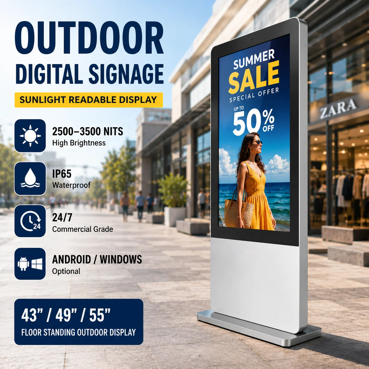 43 Inch IP65 Waterproof Outdoor Digital Signage High Brightness LCD Advertising Display