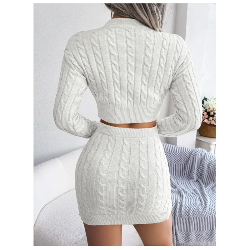 Autumn And Winter Fried Dough Twists Navel Revealing Sweater Buttock Knitting Skirt Women\'s Long Sleeved Top Slim Suit Skirt2024