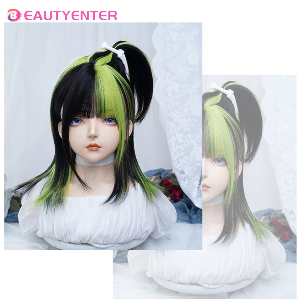 BEAUTYENTER Synthetic Short Black Green Mix Women Straight Wigs with Bangs Lolita Cosplay Natural Hair Wig for Daily Party