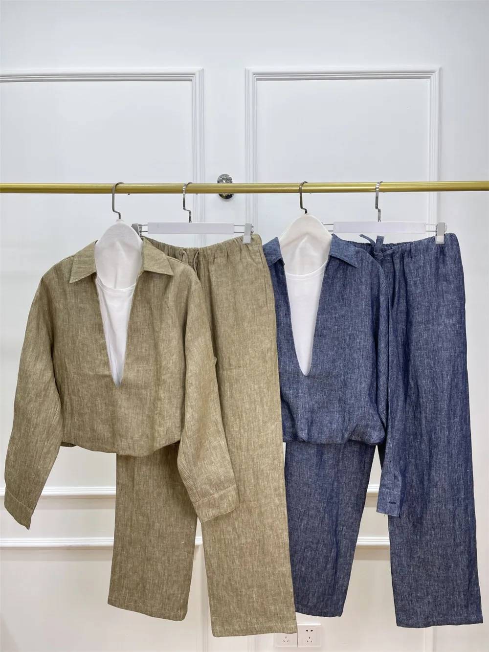 

Women'S Fake Two-Piece Shirt+ Drawstring High Waist Straight Pants Linen Two-Piece Suit