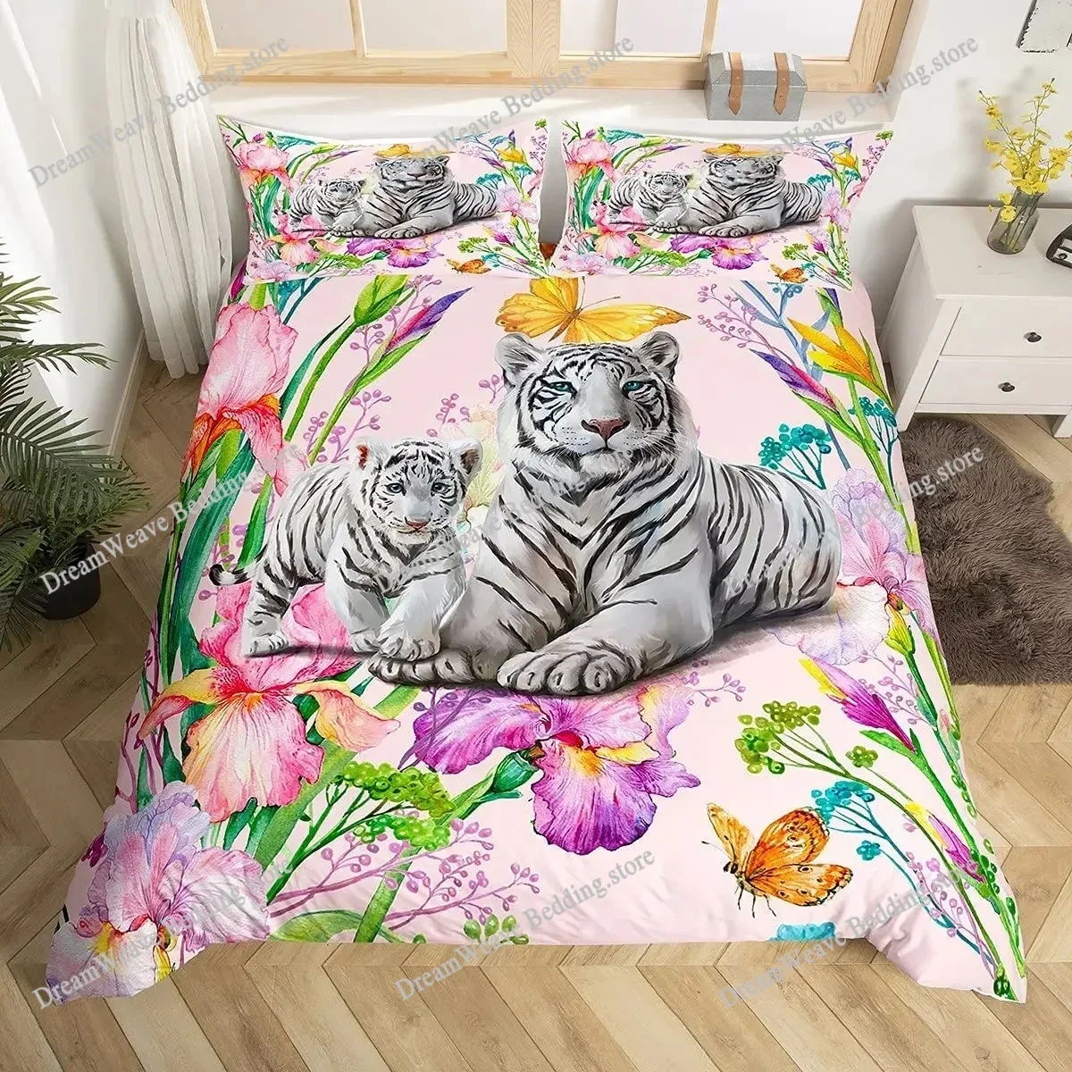 White Tiger Duvet Cover Set Queen Size Wildlife Comforter Covers Animal Print Bedding Set for Boys Girls Kids Art Bedroom Decor