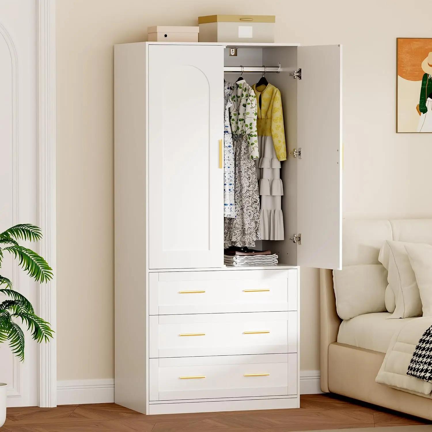 Wooden Wardrobe with 3 Drawers & Hanging Rod, 2 Doors Freestanding Clothing Storage for Bedroom, 71