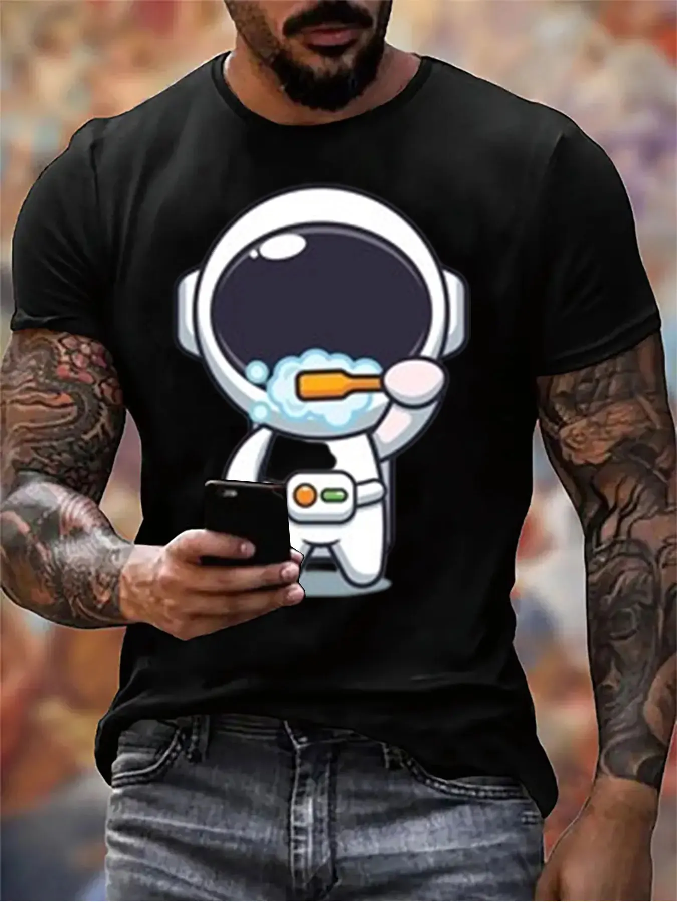 

Men's Cotton Astronaut Toothbrushing Print Tee For Christmas Gift, Soft Crew Neck Shirt For Casual Wear, Top For Him