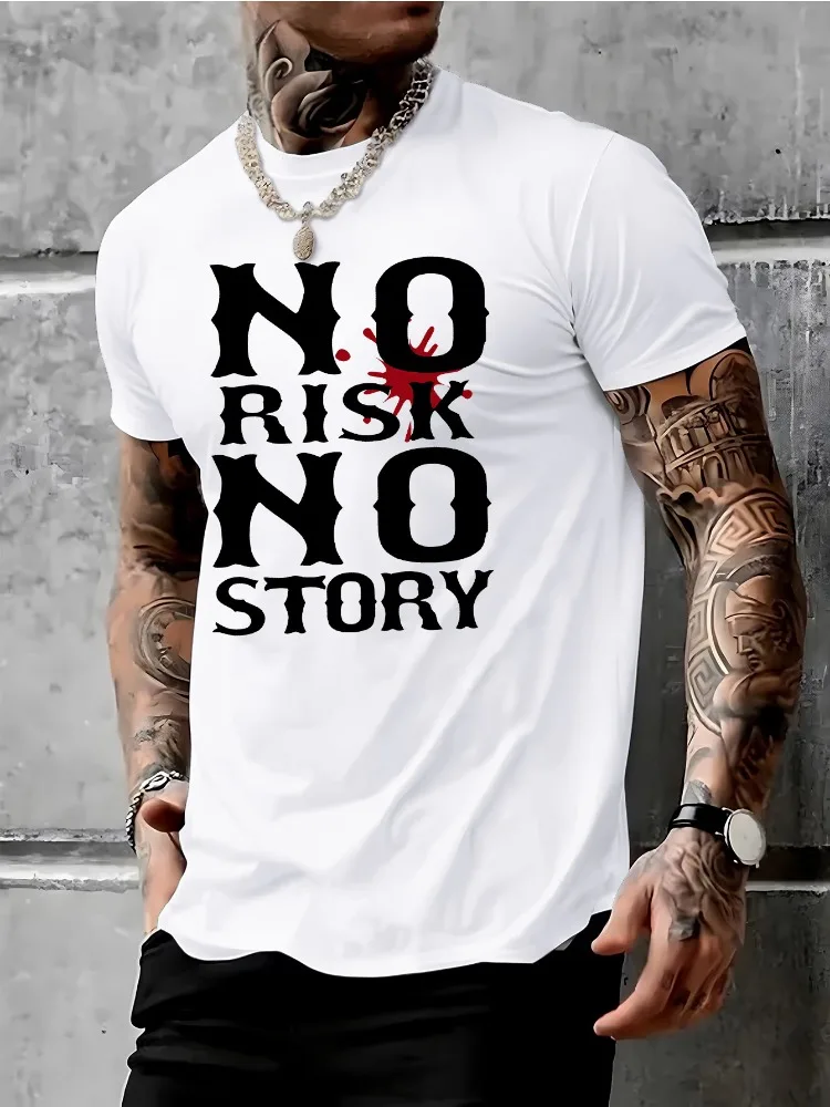 Mens Basic Tee No Risk No Story Letter Print Crew Neck Black Street Casual Tops Young Male Summer Daily Outdoor Short Sleeve Top