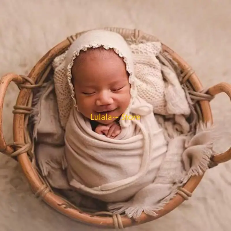 Y4QA Newborn Photography Props Hat Photo Posing Wrap Blanket Baby Photo Basket Rug