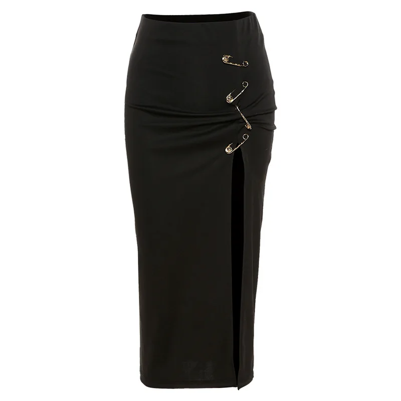 

Women's Black Pencil Skirt with Gold Pin Stretch High Waisted Split Skirt Night Out Party Skirts Midi Dress