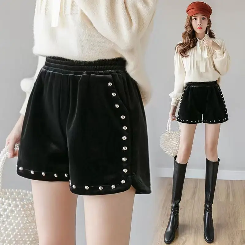 

Autumn Winter Women's Rhinestone-Embellished Fleece-Lined Shorts - High Waist Velvet Party Shorts Warm Thickened Fashion Bottoms