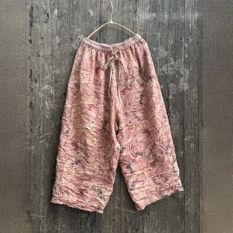 

Новое поступление, осенние женские брюки в стиле искусства с эластичной резинкой на талии, свободные брюки с принтом, высокое качество, широкие брюки Ramie, повседневные брюки на шнурке