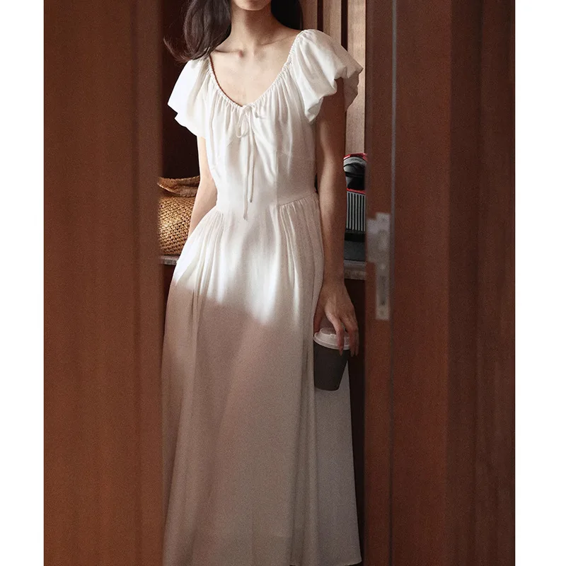 

Elegant Solid Dress for Women V-neck Puff Sleeve Slim Maix Dresses Female Summer Commute White Vestidos Female Black Long Dress