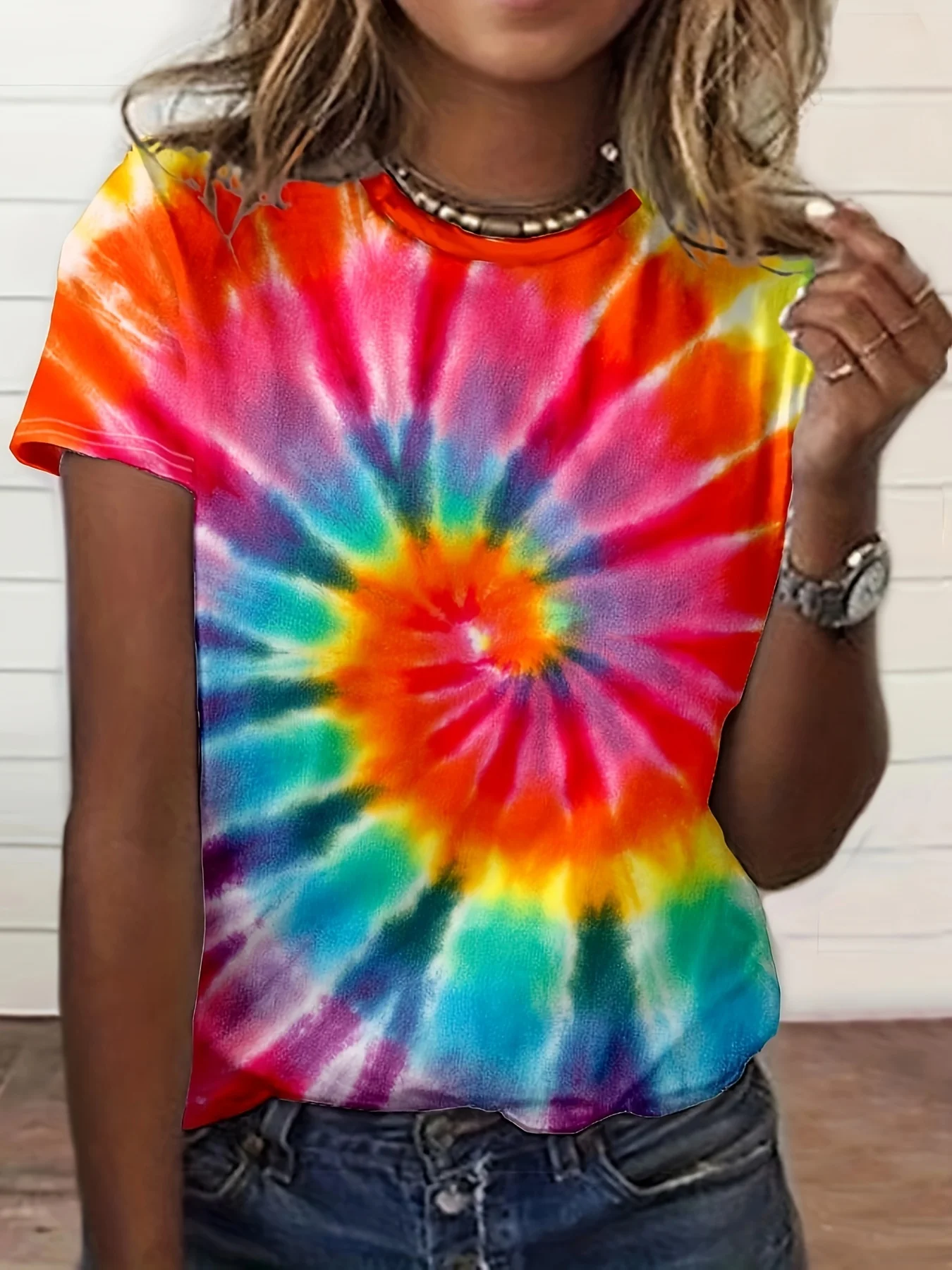 Rainbow Swirl Tie-Dye Women's Tee - Vibrant Spiral Pattern Graphic, Retro Hippie Print Design for Casual Daily Wear