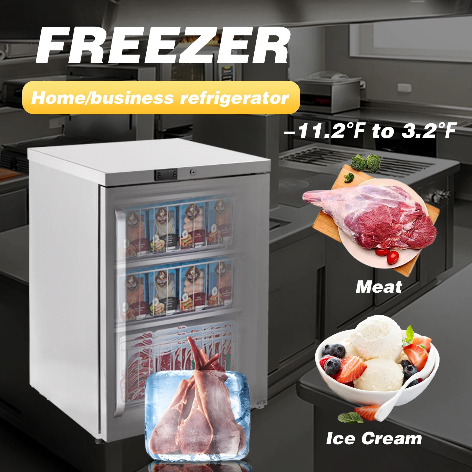 HCK Freezer, Undercounter Refrigerator with Stainless Steel Body, Electronic Temperature Control, Lockable Door, 3 Movable Baske