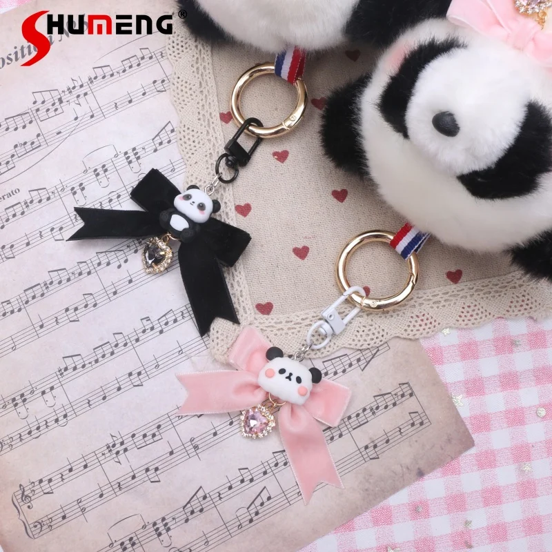 Lolita Kawaii Girls Bag Parts Handmade Cute Furry Panda Bow Rhinestone Pendant Sweet Birthday Gift Doll Bags Pendant Accessories