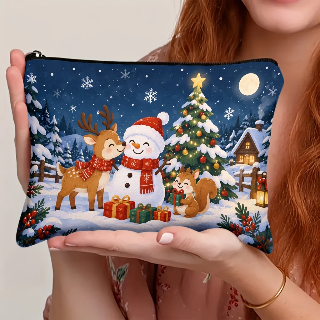 Christmas Animal Cosmetic Bag Snowman Reindeer Xmas Tree Print Zipper Makeup Pouch Portable Storage Bag for Women