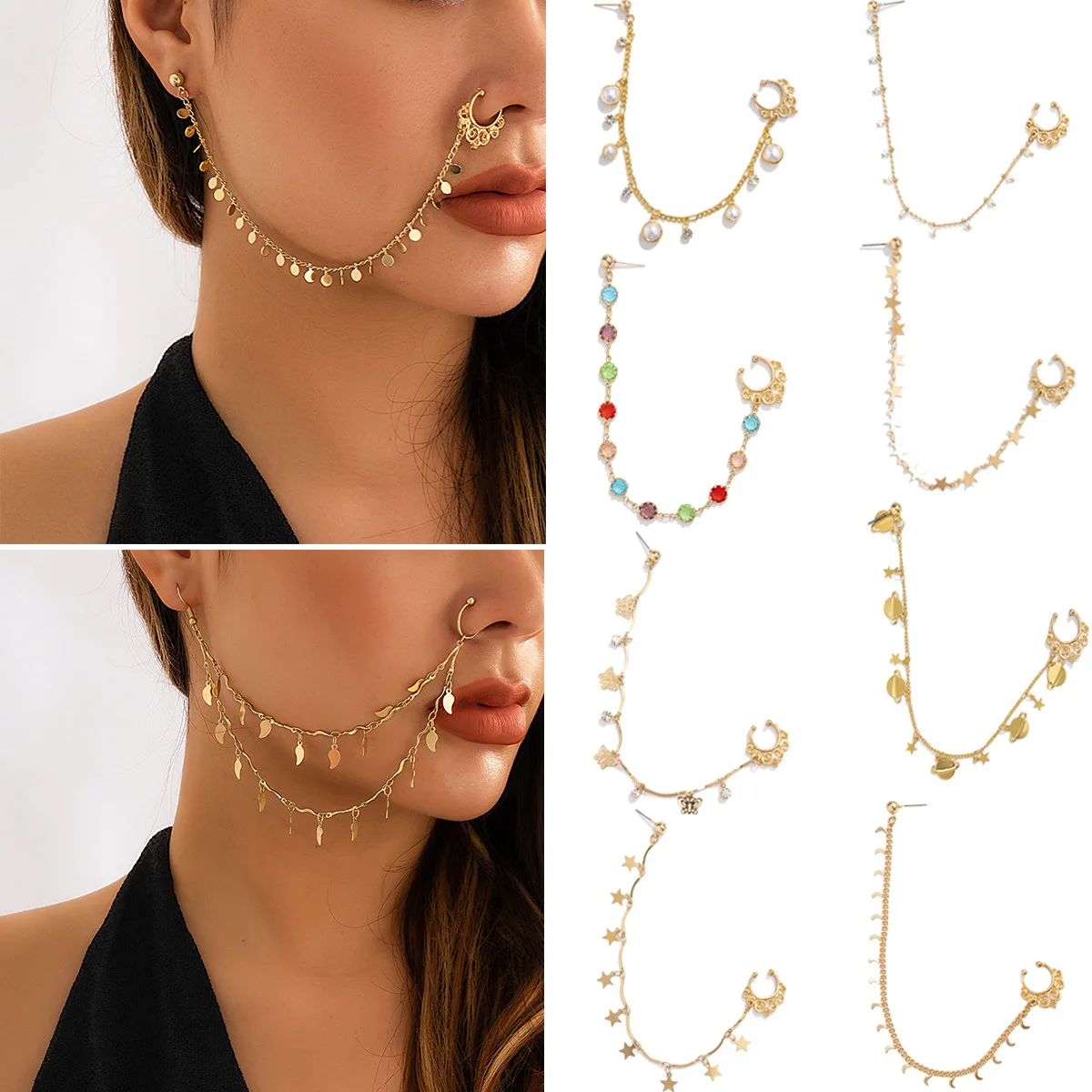 Fake Piercing Nose Chain Accessories No Need To Punch Holes Stars and Moon National Style Earring Type Tassel Kit Womens' Party