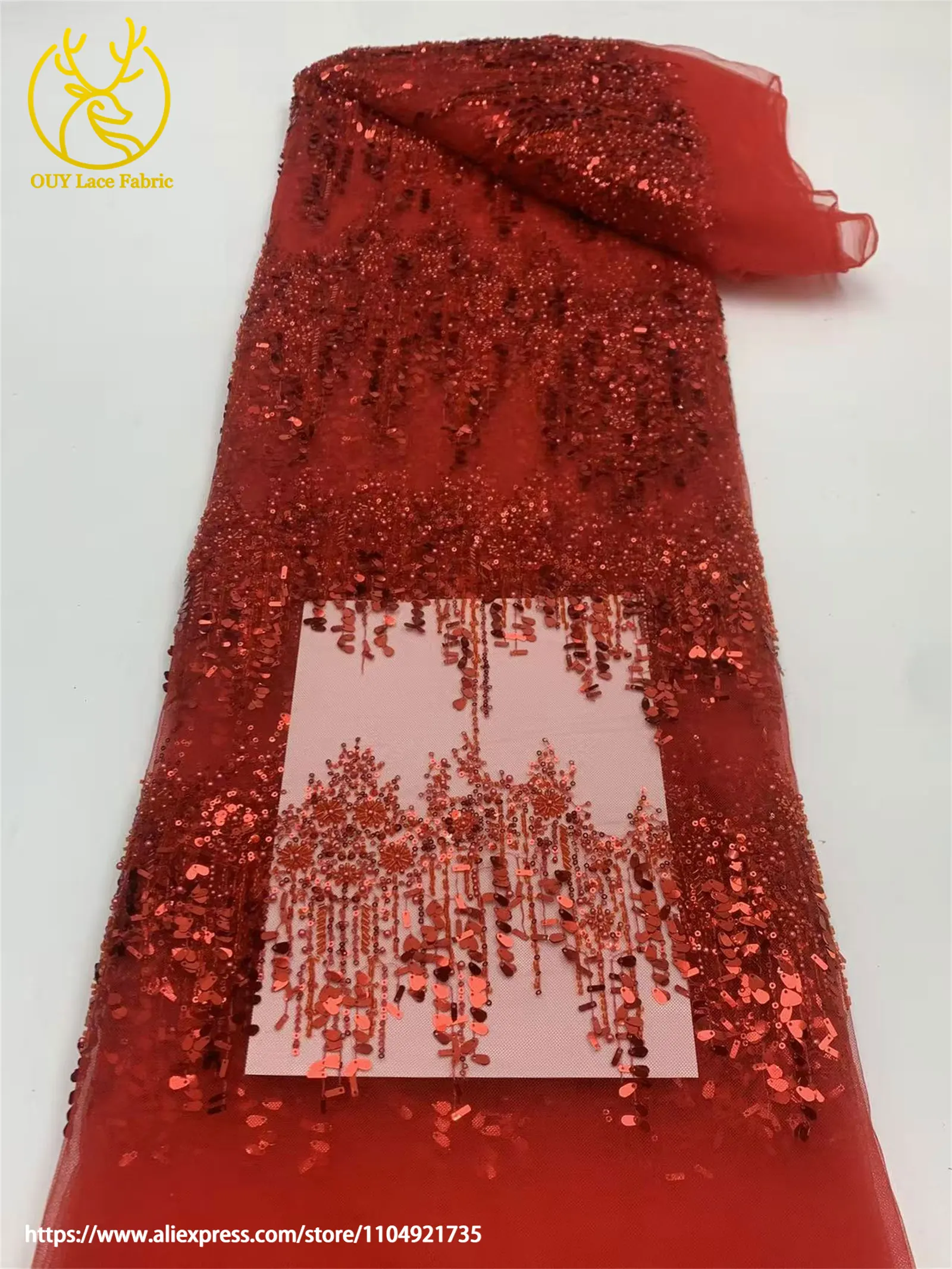 Afrikanischer Spitzenstoff 2026 Gold Pailletten Perlenstickerei Bräutigam Nigerianische Braut Hochwertiger französischer Tüllspitze Hochzeitskleidstoff – Detail 10