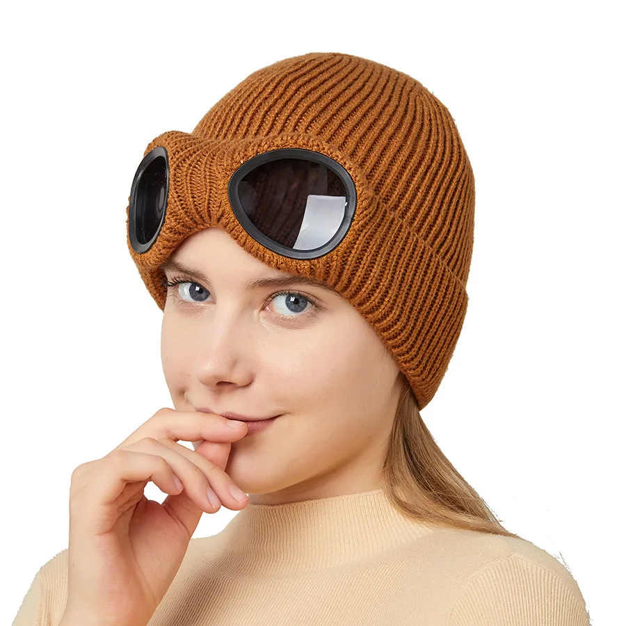 Óculos à prova de vento de outono e inverno para homens e mulheres, chapéu de esqui forrado de lã, gorro de malha quente, chapéu de casal