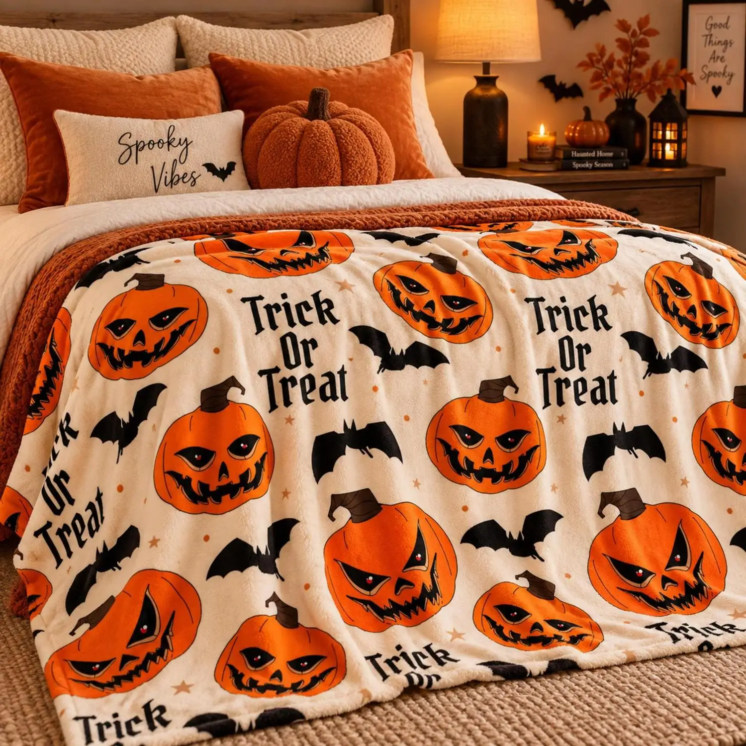 [Flannel Blanket] Pumpkin Lantern Halloween Blanket, Trick or Treat Flannel Blanket, Horror Pumpkin Blanket, Bat-Themed Halloween Decoration, Halloween Gift
