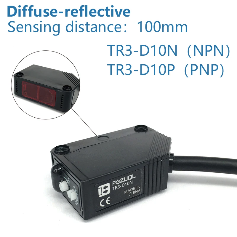 Kompaktowy przełącznik fotoelektryczny, odblaskowy, odblaskowy, odblaskowy, zakres wykrywania NPN/PNP, regulowany TR3