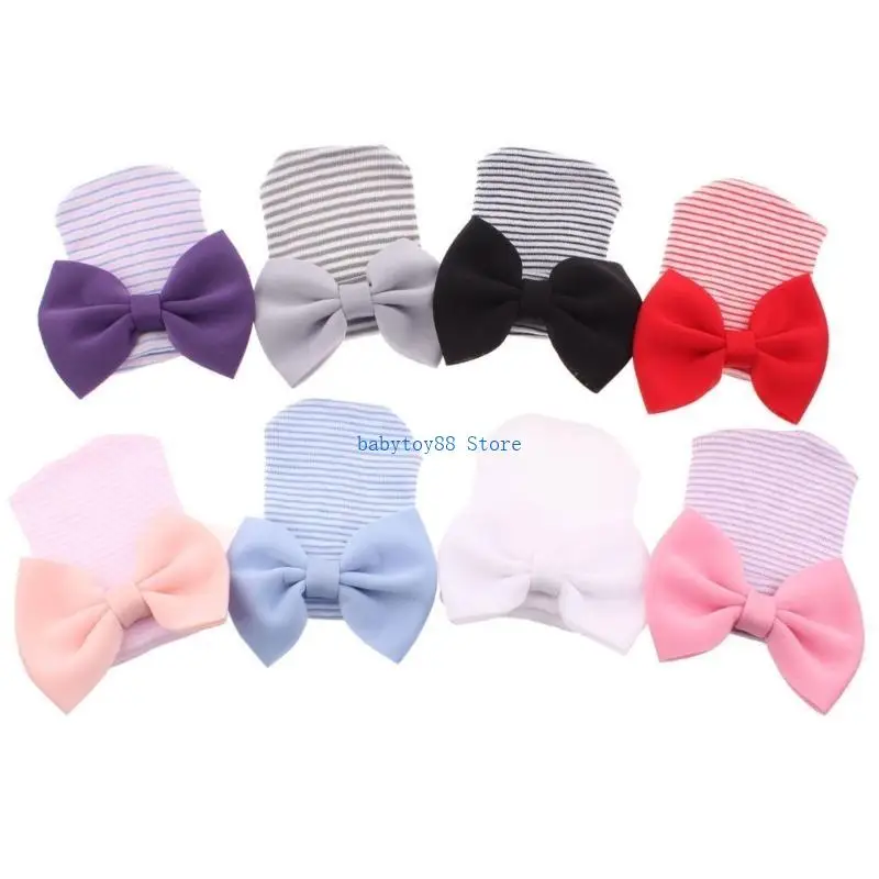 

Y4UD Cotton Bonnet Hat Newborns Bowknot Charm Bonnet Soft Breathable Baby Stripe Hat Brimless Hospital Caps Warm Hat