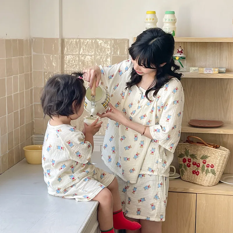 Japanese Double Layered Gauze Cotton Pajamas Suits Mother and Daughter Summer Homewear Clothes Boys Girls Thin Sleepwear